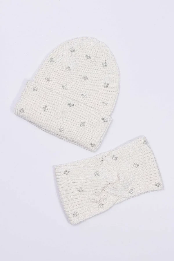 Pearl Headband And Beanie In Cream