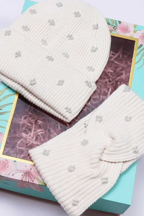 Pearl Headband And Beanie In Cream