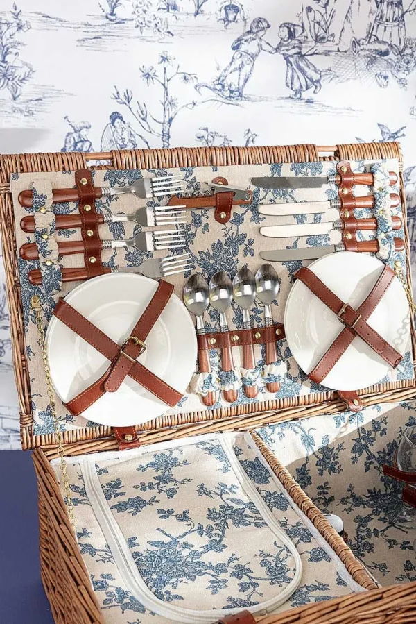 4 Person Picnic Basket Blue Floral