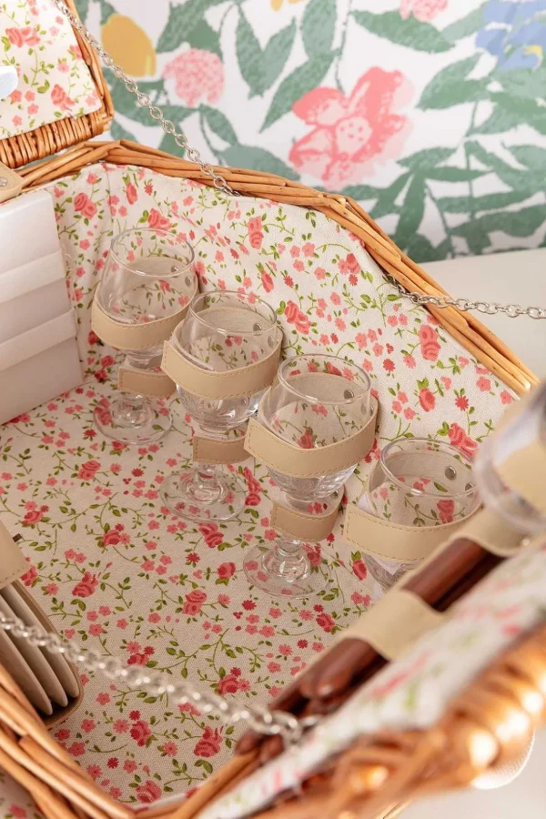 4 Person Pink Floral Picnic Basket