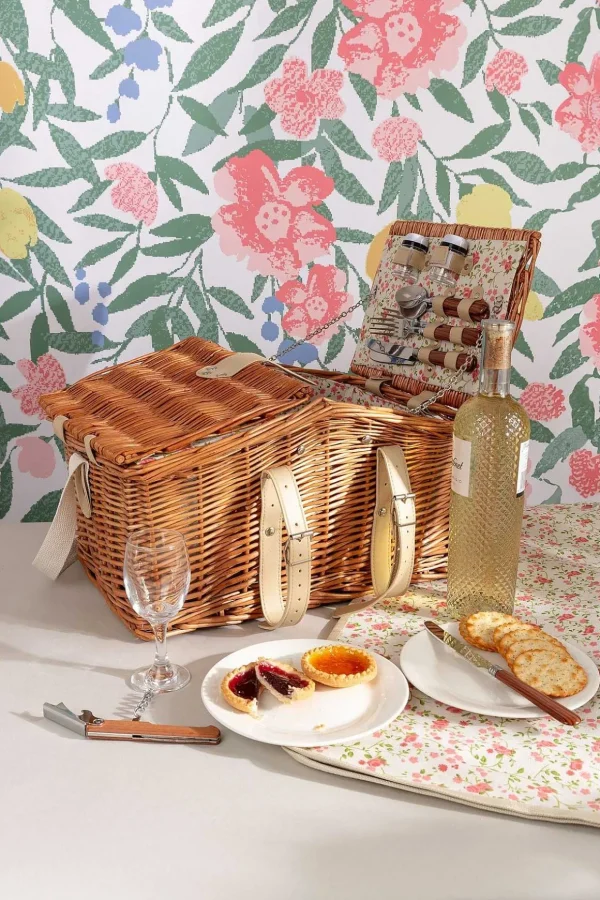 4 Person Pink Floral Picnic Basket