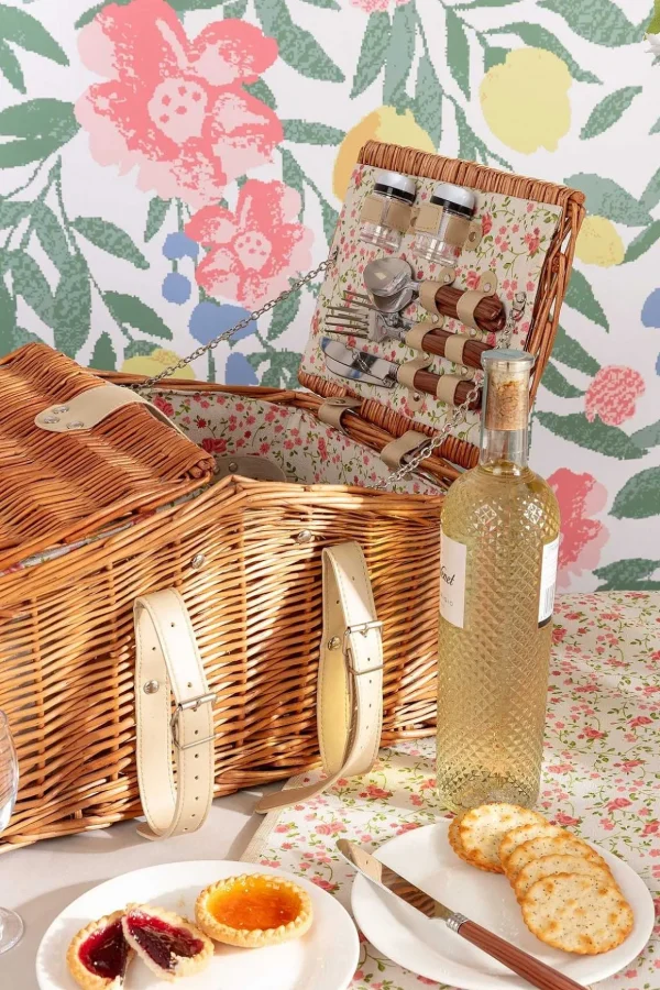 4 Person Pink Floral Picnic Basket