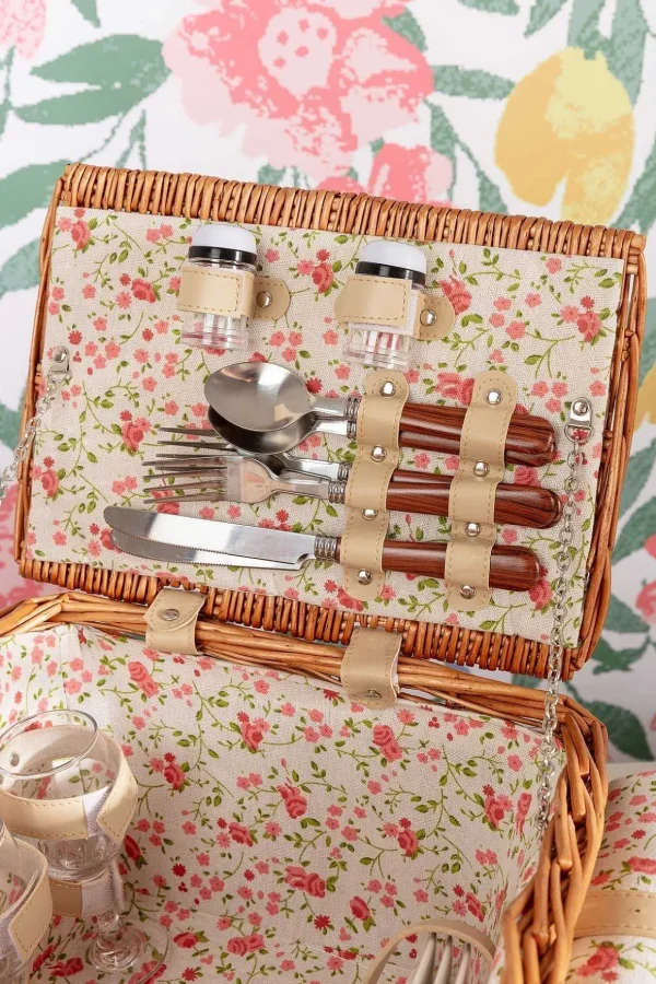 4 Person Pink Floral Picnic Basket