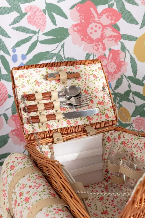4 Person Pink Floral Picnic Basket