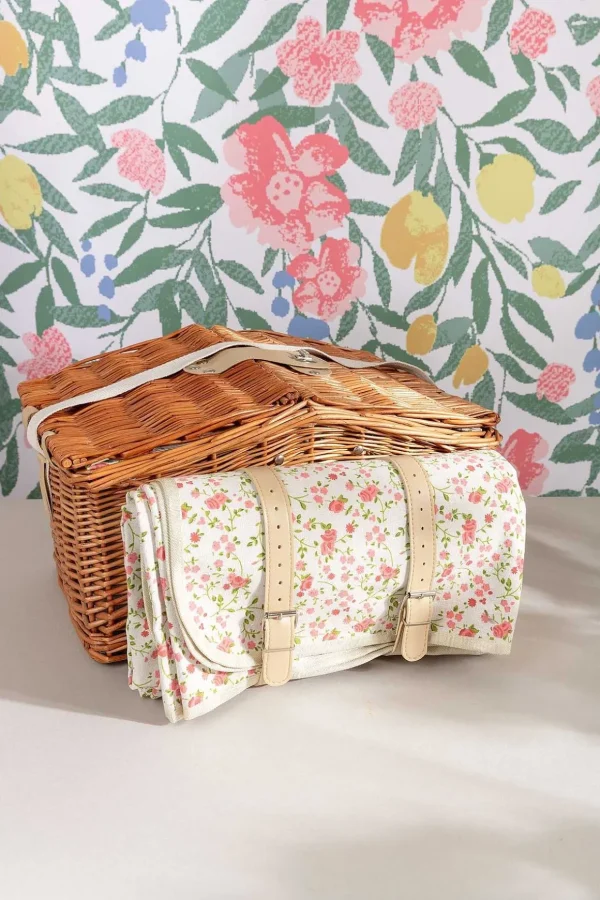4 Person Pink Floral Picnic Basket