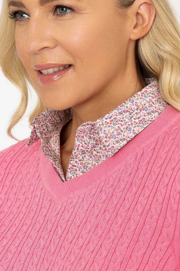 Pink Cable Knit Sweater With Shirt Collar