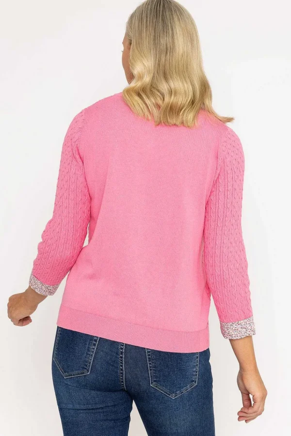 Pink Cable Knit Sweater With Shirt Collar