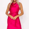 Pink Satin Cowl Neck Dress