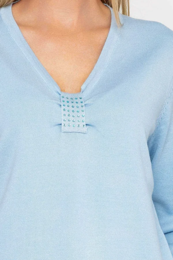 Plain Knit Sweater With Diamonte Detail In Blue
