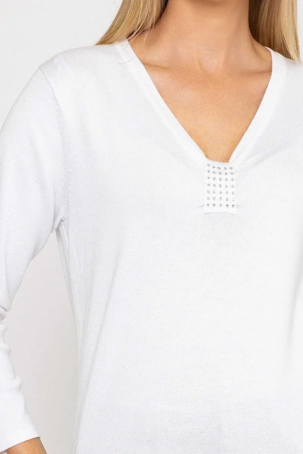 Plain Knit Sweater With Diamonte Detail In White