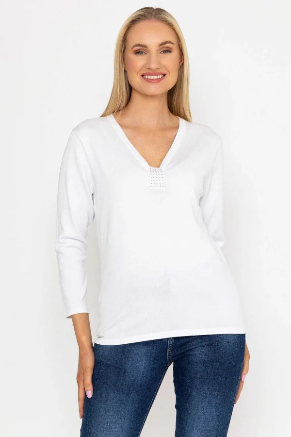 Plain Knit Sweater With Diamonte Detail In White
