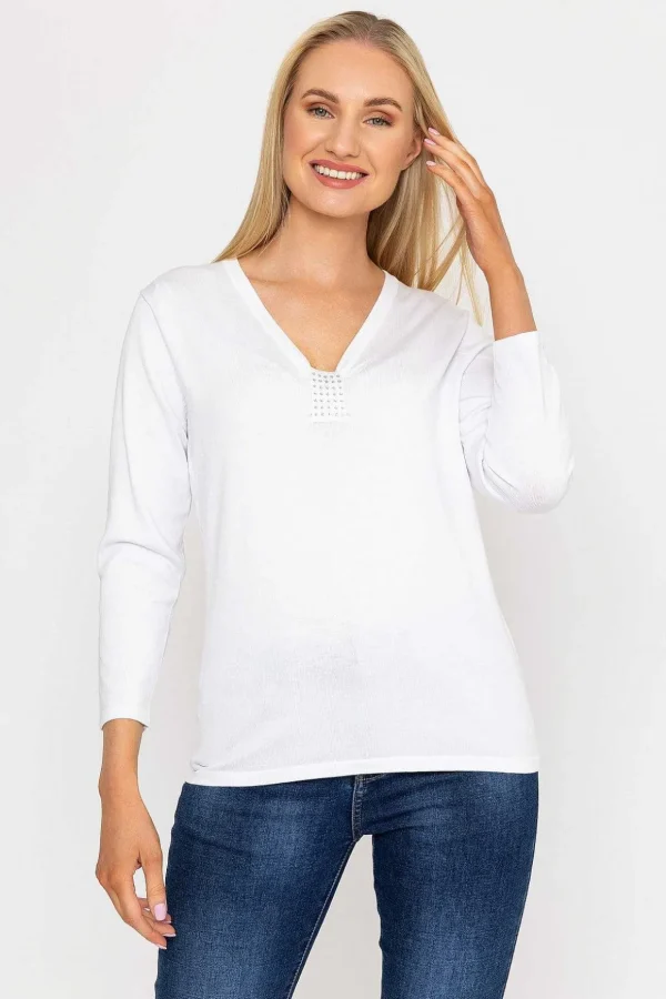 Plain Knit Sweater With Diamonte Detail In White
