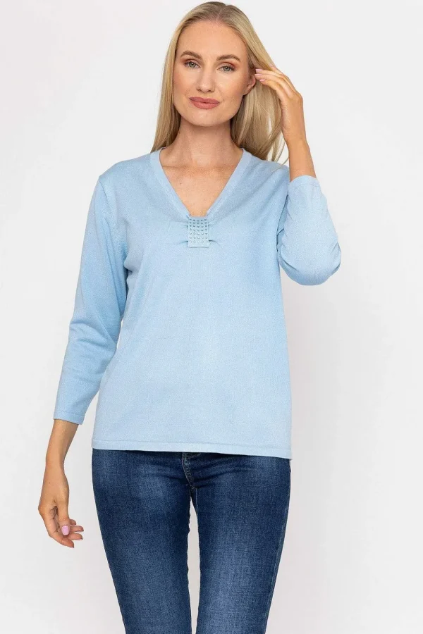 Plain Knit Sweater With Diamonte Detail In Blue