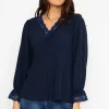 Pleated Lace Trim Top In Navy