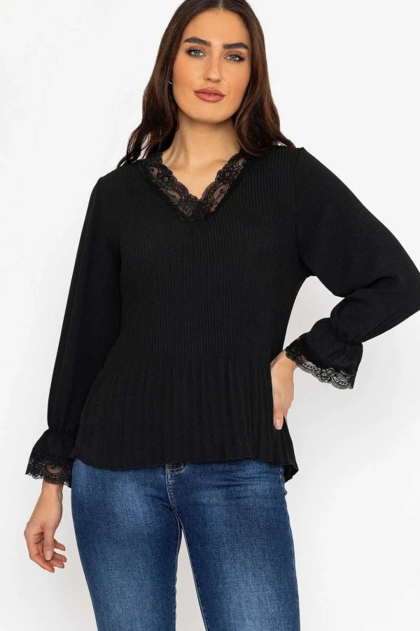 Pleated Lace Trim Top In Black