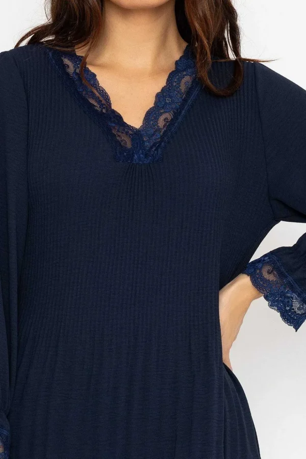 Pleated Lace Trim Top In Navy