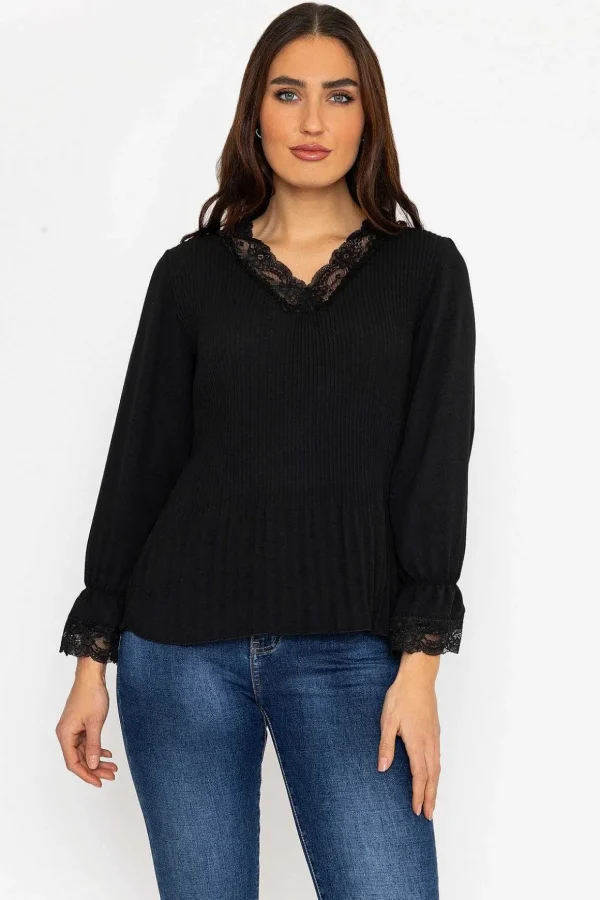 Pleated Lace Trim Top In Black