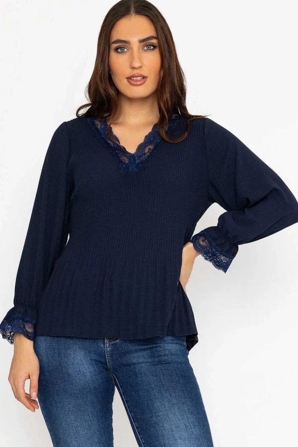 Pleated Lace Trim Top In Navy