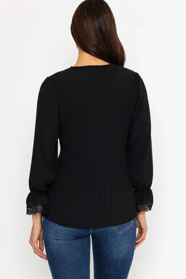 Pleated Lace Trim Top In Black