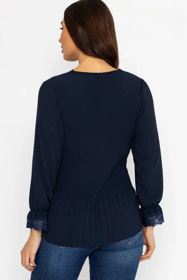 Pleated Lace Trim Top In Navy