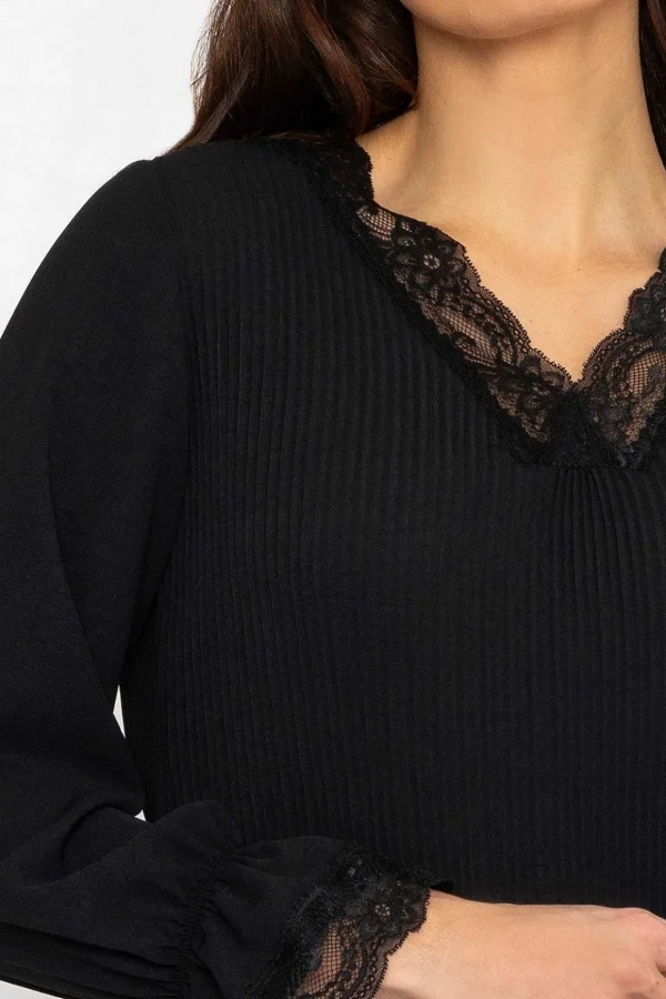 Pleated Lace Trim Top In Black