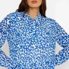 Pleated Pussybow Blouse In Blue Animal Print