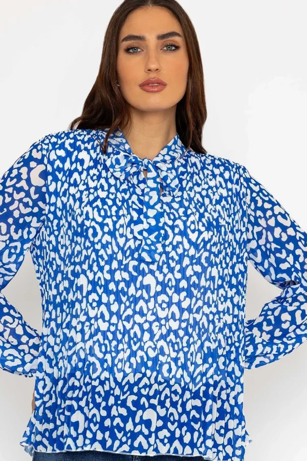 Pleated Pussybow Blouse In Blue Animal Print