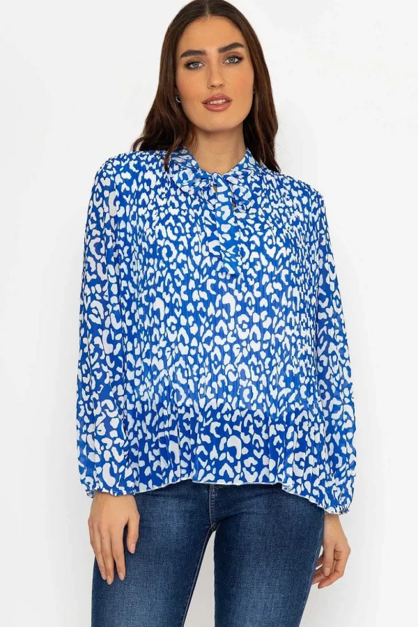 Pleated Pussybow Blouse In Blue Animal Print