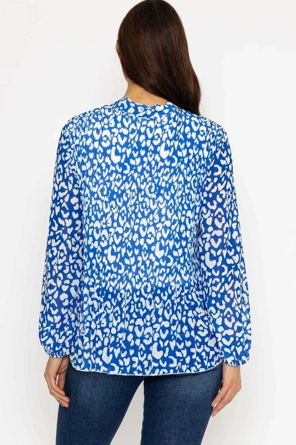 Pleated Pussybow Blouse In Blue Animal Print