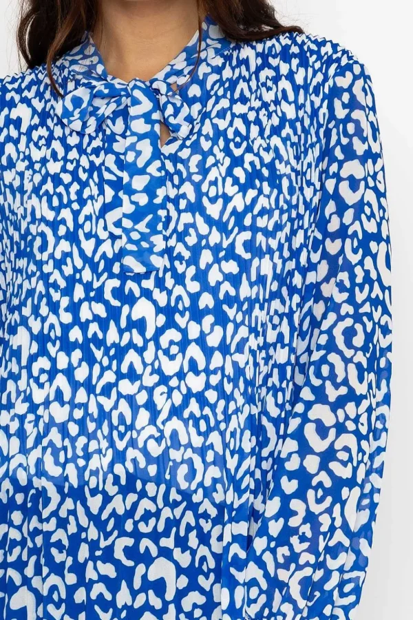 Pleated Pussybow Blouse In Blue Animal Print