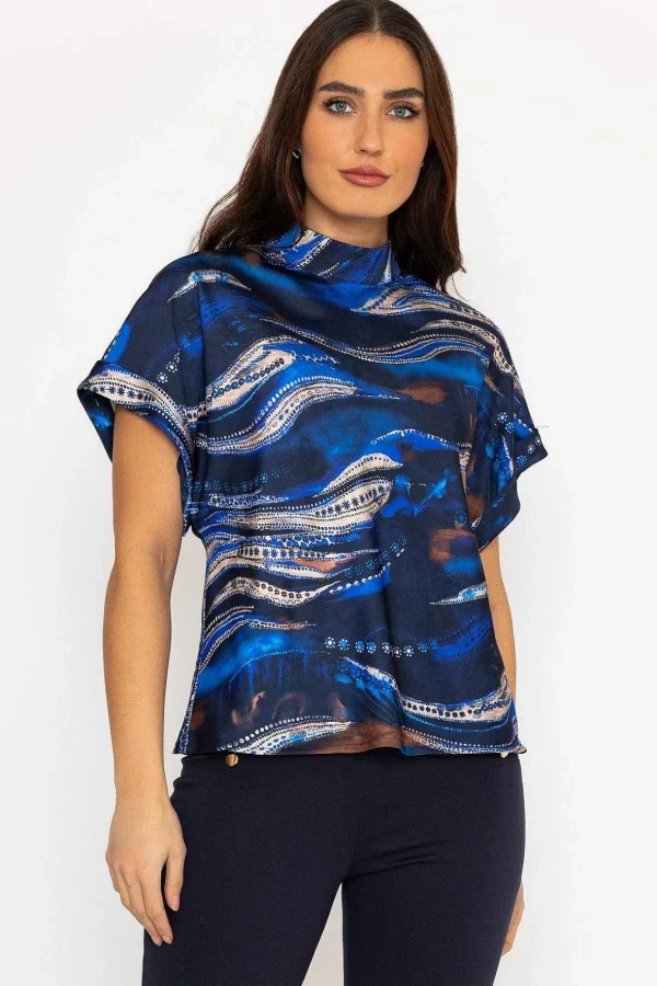 Printed High Neck Sateen Top In Blue