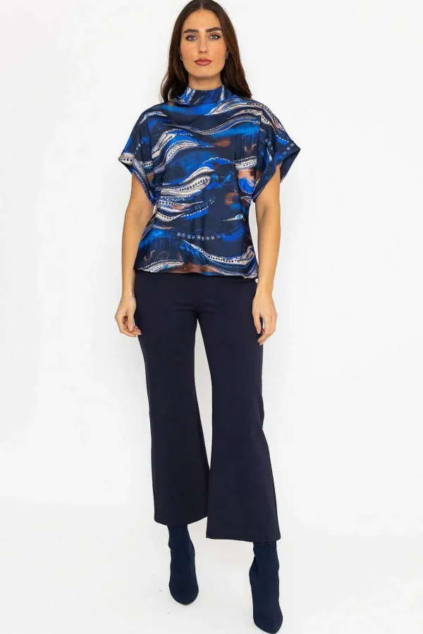 Printed High Neck Sateen Top In Blue