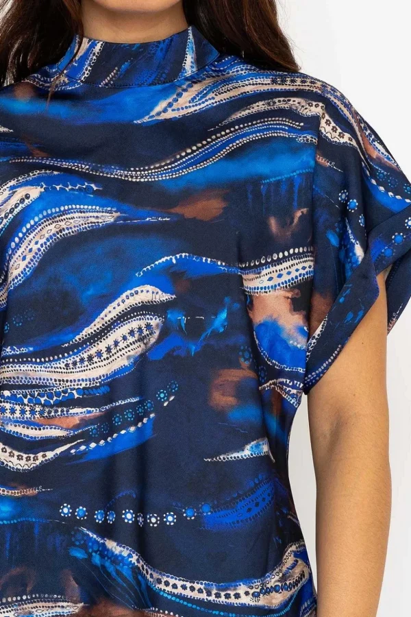 Printed High Neck Sateen Top In Blue
