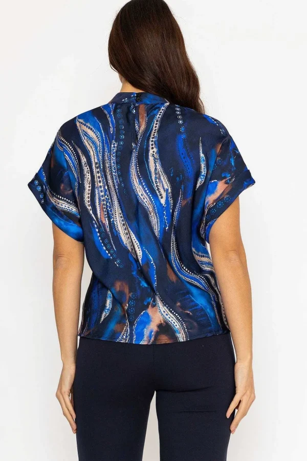 Printed High Neck Sateen Top In Blue