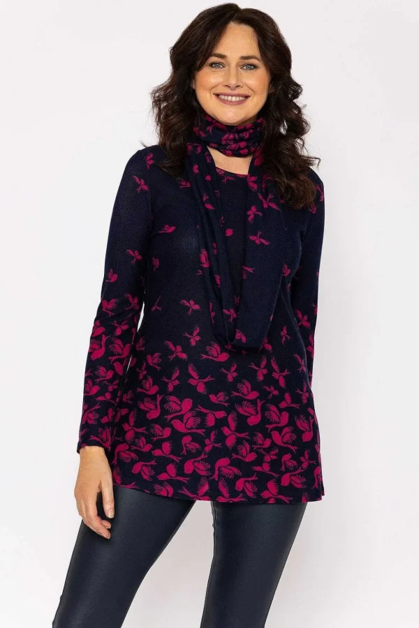 Printed Knit Tunic With Snood In Navy