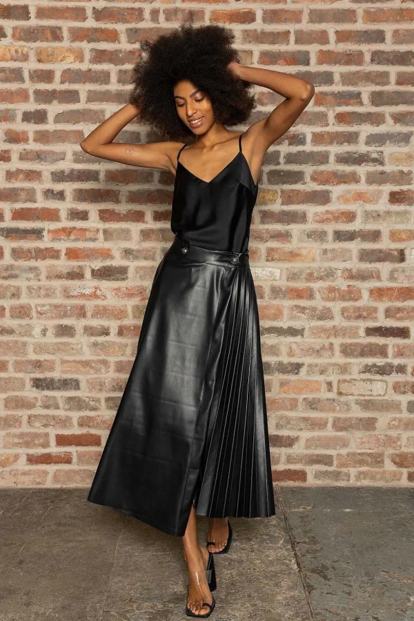 Pu Pleated Midi Skirt
