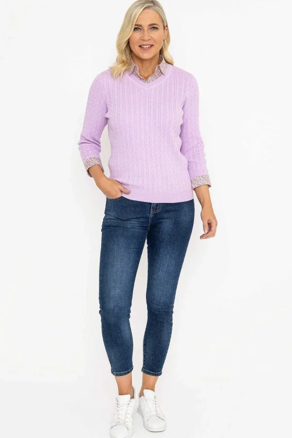 Purple Cable Knit Sweater With Shirt Collar