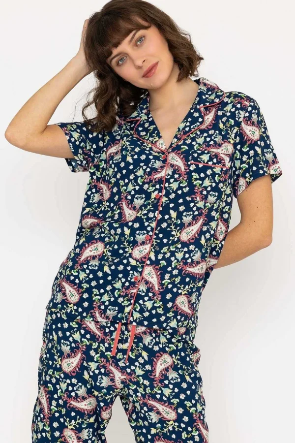 Pyjama Set With 3/4 Leg In Navy Print