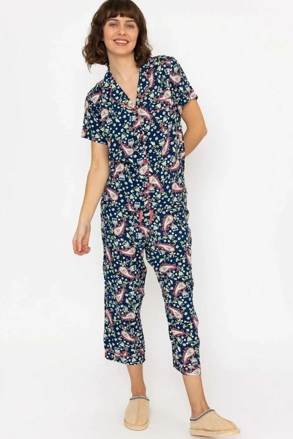 Pyjama Set With 3/4 Leg In Navy Print