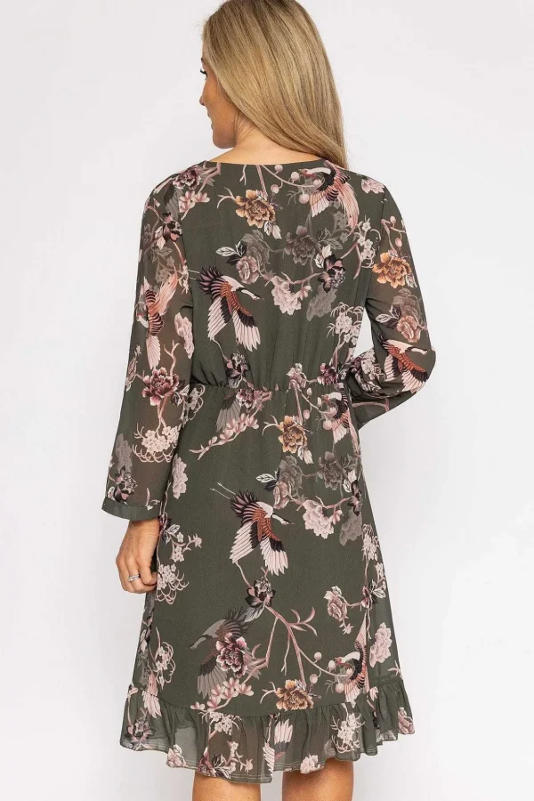 Roisin Knee Length Dress In Khaki Print