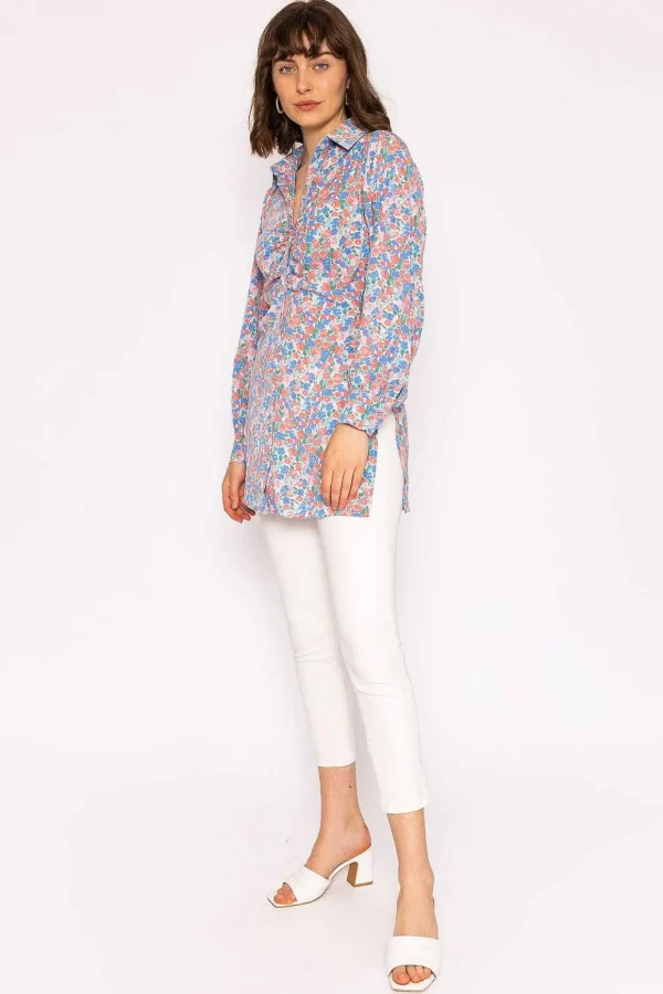 Ruched Longline Blouse In Blue Print