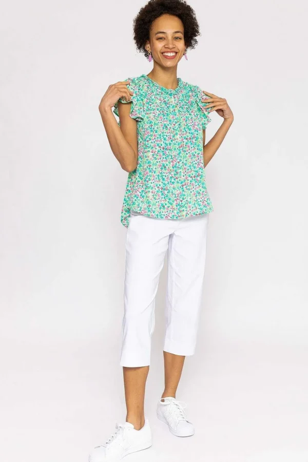 Ruffle Blouse In Aqua Floral Print