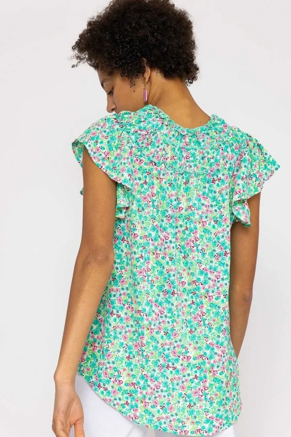 Ruffle Blouse In Aqua Floral Print