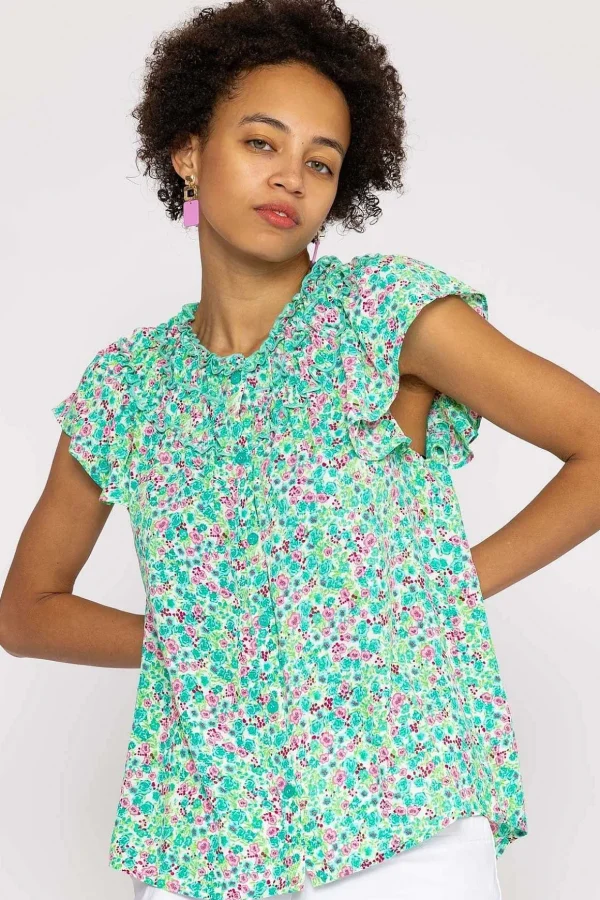 Ruffle Blouse In Aqua Floral Print
