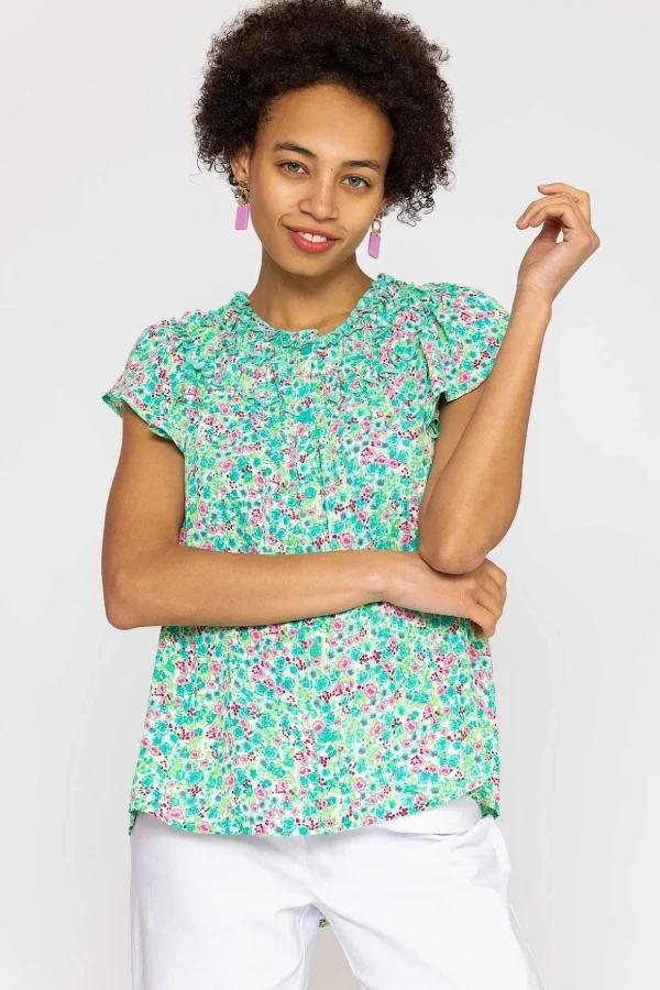 Ruffle Blouse In Aqua Floral Print