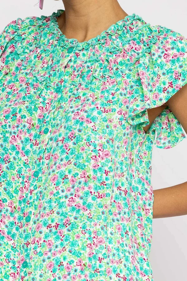 Ruffle Blouse In Aqua Floral Print