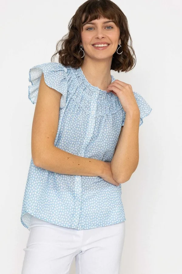 Ruffle Blouse In Blue Print