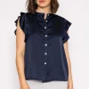 Ruffle Satin Shirt In Navy