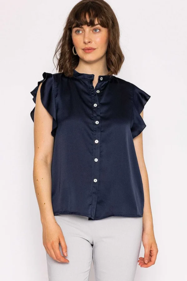 Ruffle Satin Shirt In Navy