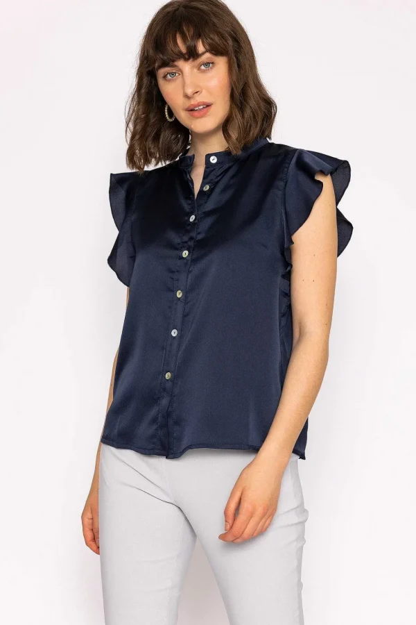 Ruffle Satin Shirt In Navy